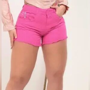 Walery 40 Brazilian High waisted Pink Shorts with raw hem. Front zipper pockets